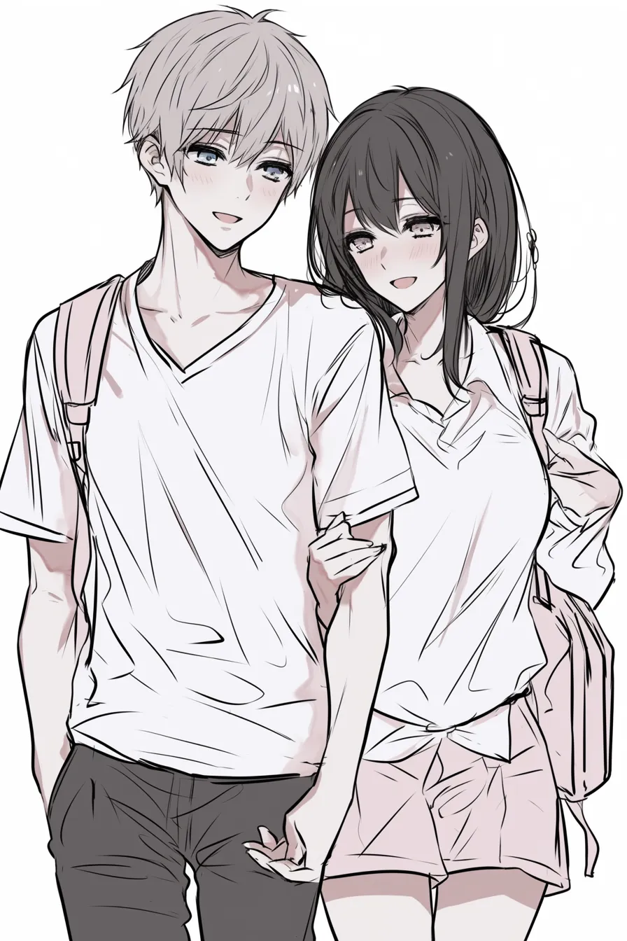 腕組みの爽やかカップル｜【基本構造】肩を寄せ合い、女性が軽く腕を組む描き方です。二人の身体の距離が近く、バランスが自然です。<br>【演出の方向性】お互いに笑みを交わし合うことで、爽やかで明るい雰囲気を強調。軽快な会話が聞こえてきそうな表現です。<br>