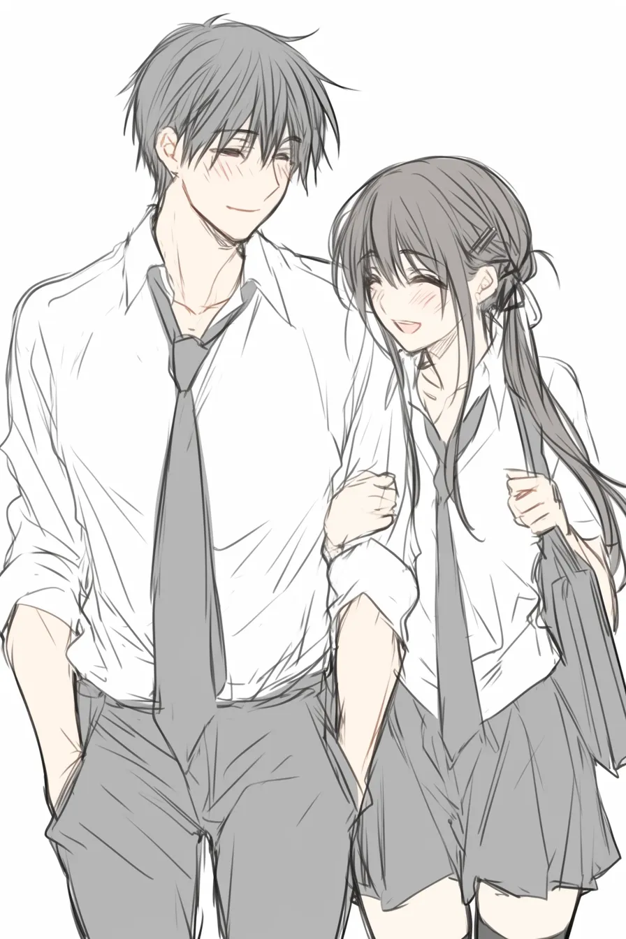 腕組みの学生カップル｜【基本構造】制服姿で並び、女性が男性の腕に寄り添いながら歩く描き方です。<br>【演出の方向性】頬を赤らめ、笑顔で見つめ合うことで青春らしい甘さを演出。二人の距離感に親しみが感じられます。<br>