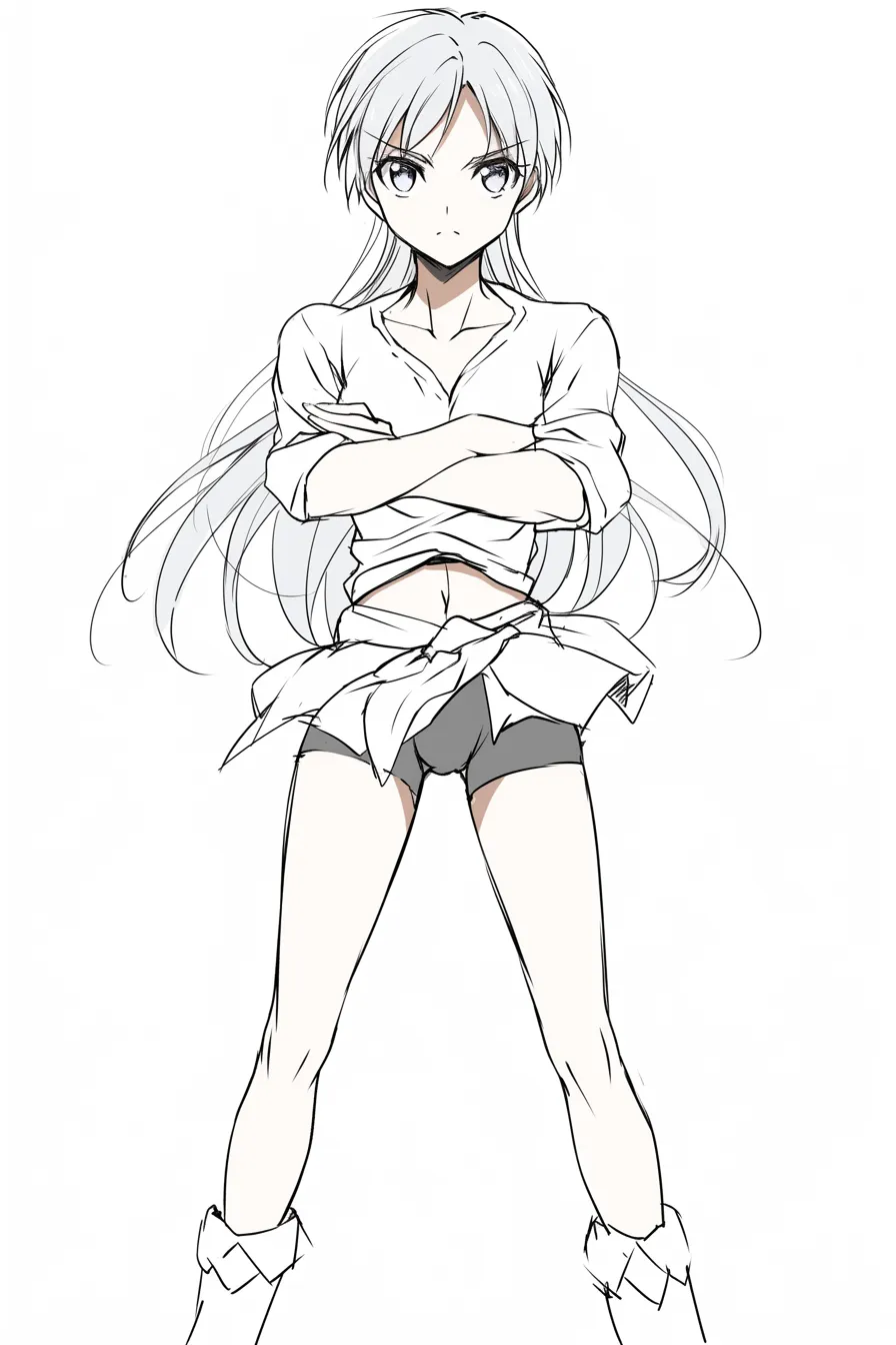 ガイナ立ち（長髪の女性キャラ）｜【基本構造】腰をやや後ろに引き、両腕を組んで直立する描き方で、髪を大きく広げて縦のボリュームを増しています。<br>【演出の方向性】髪の流れと引き締まった体のラインが合わさり、女性らしいしなやかさと強さを両立した印象になっています。<br>