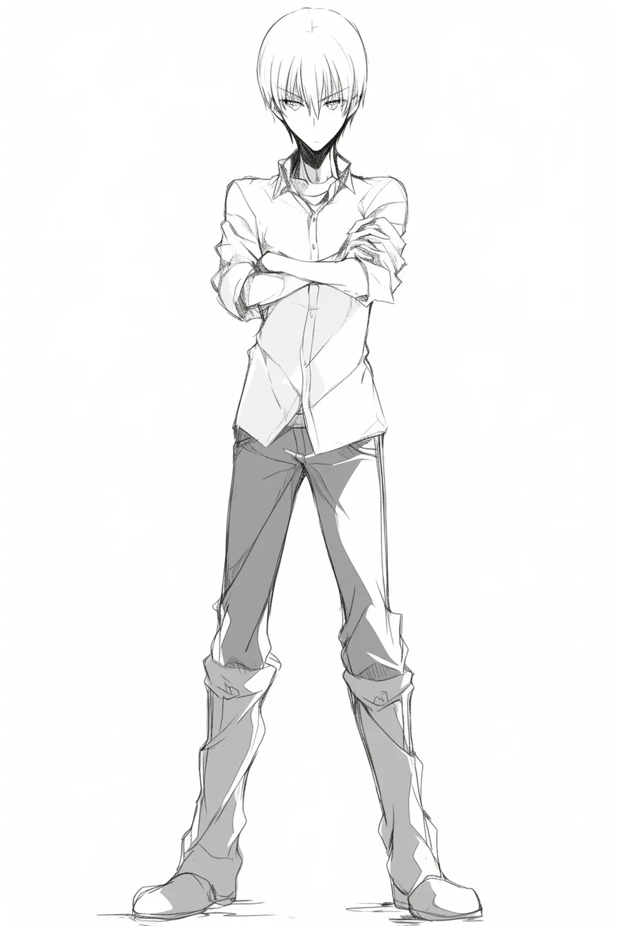 ガイナ立ち（シャープな男子キャラ）｜【基本構造】細身の体型でシャツとパンツ姿、腕を組んで直線的に立つ描き方です。足は大きく開き、縦長のシルエットを意識しています。<br>【演出の方向性】落ち着いた表情とシャープな陰影が合わさり、冷徹で知的な雰囲気を強調しています。<br>