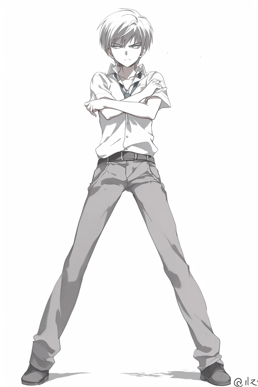 ガイナ立ち（少年の挑戦的表情）｜【基本構造】制服姿で小柄ながらも大きく足を開き、腕を組んで胸を張る描き方です。<br>【演出の方向性】小さな体に大きな態度を持たせることで、挑戦的で反抗的な印象を強調し、ガイナ立ち特有の威圧感を可愛らしく表現しています。<br>