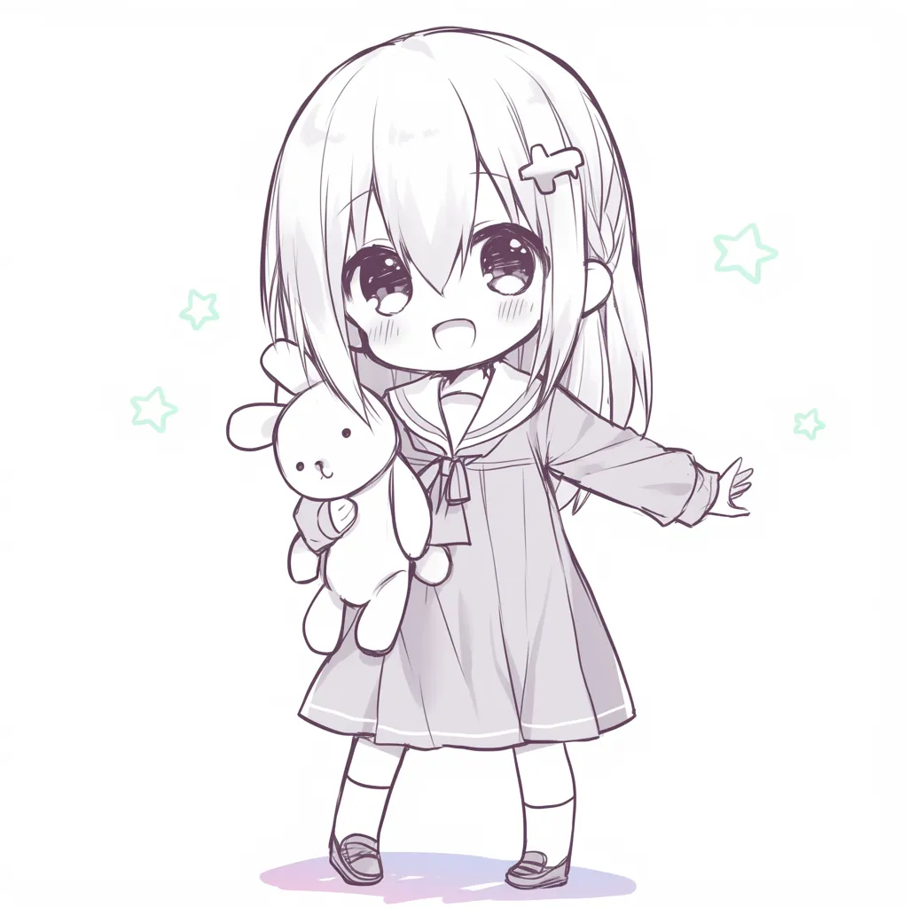 3頭身のぬいぐるみ｜【基本構造】セーラー服姿の3頭身で、片手にぬいぐるみを抱える描き方です。<br>【演出の方向性】瞳を大きく輝かせ、星の装飾を散らすことで夢見心地で愛らしい印象を高めています。<br>
