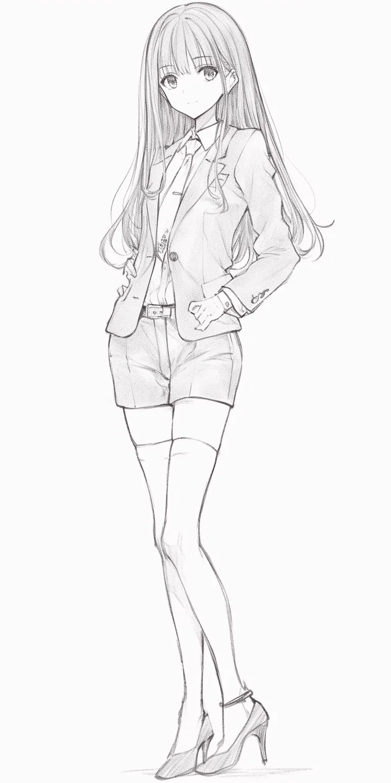全身の制服スタイル（ショートパンツ）｜【基本構造】腰に手を当てる仕草と片足を軽く前に出すポーズで、スーツ調の衣装を引き立てています。背筋はまっすぐで、均整の取れた骨格を見せています。<br>【演出の方向性】シャツとブレザーにショートパンツを合わせることで、フォーマルさと軽快さを同時に表現。真面目さの中に若々しい活発さを感じさせます。<br>