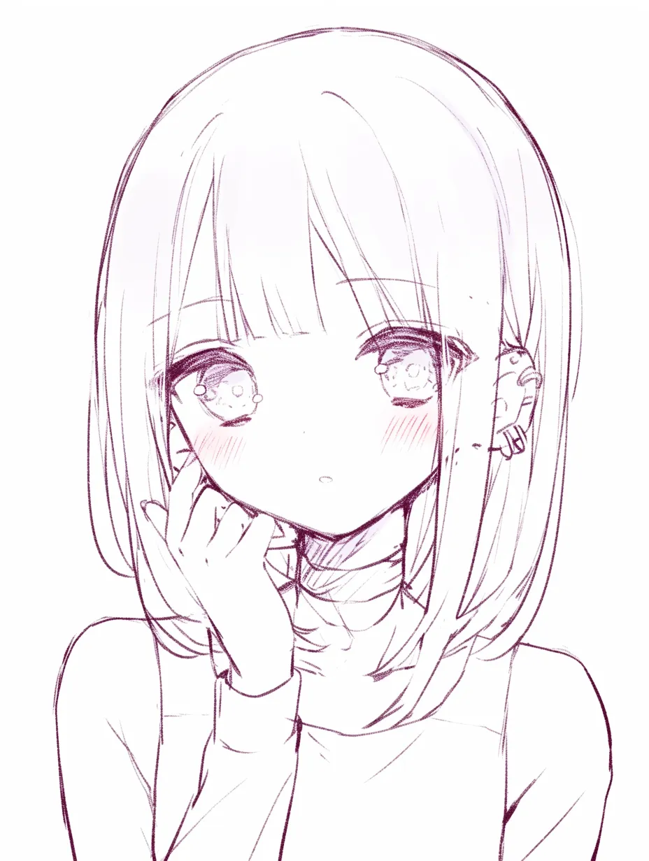 顎に手を当てるときの無垢｜【基本構造】顔をやや下向きに描き、片手を軽く顎へ添える描き方です。身体は小さめに収め、視線はやや下方向へ流れています。<br>【演出の方向性】大きな瞳と無表情に近い顔立ちが、純粋さや素直さを感じさせます。頬の紅潮がささやかな感情の色付けになっています。<br>
