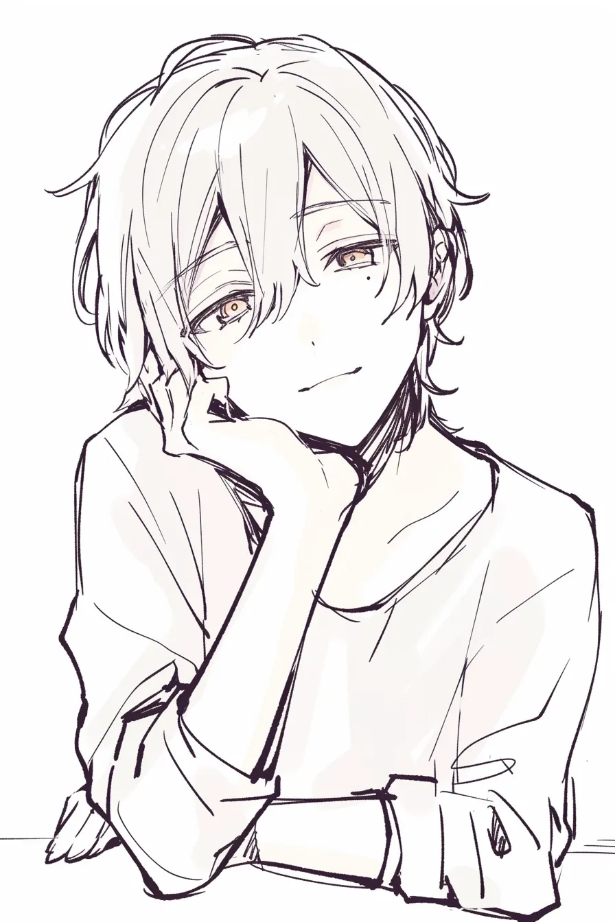 かっこいい頬杖と優しい笑み｜【基本構造】机に片肘を置き、手で頬を支える描き方です。視線をやや下に流し、肩を落としています。<br>【演出の方向性】細められた瞳と口角の上がった笑みが、落ち着いた優しさを伝えています。余裕あるかっこよさと親しみやすさが共存する表現です。<br>