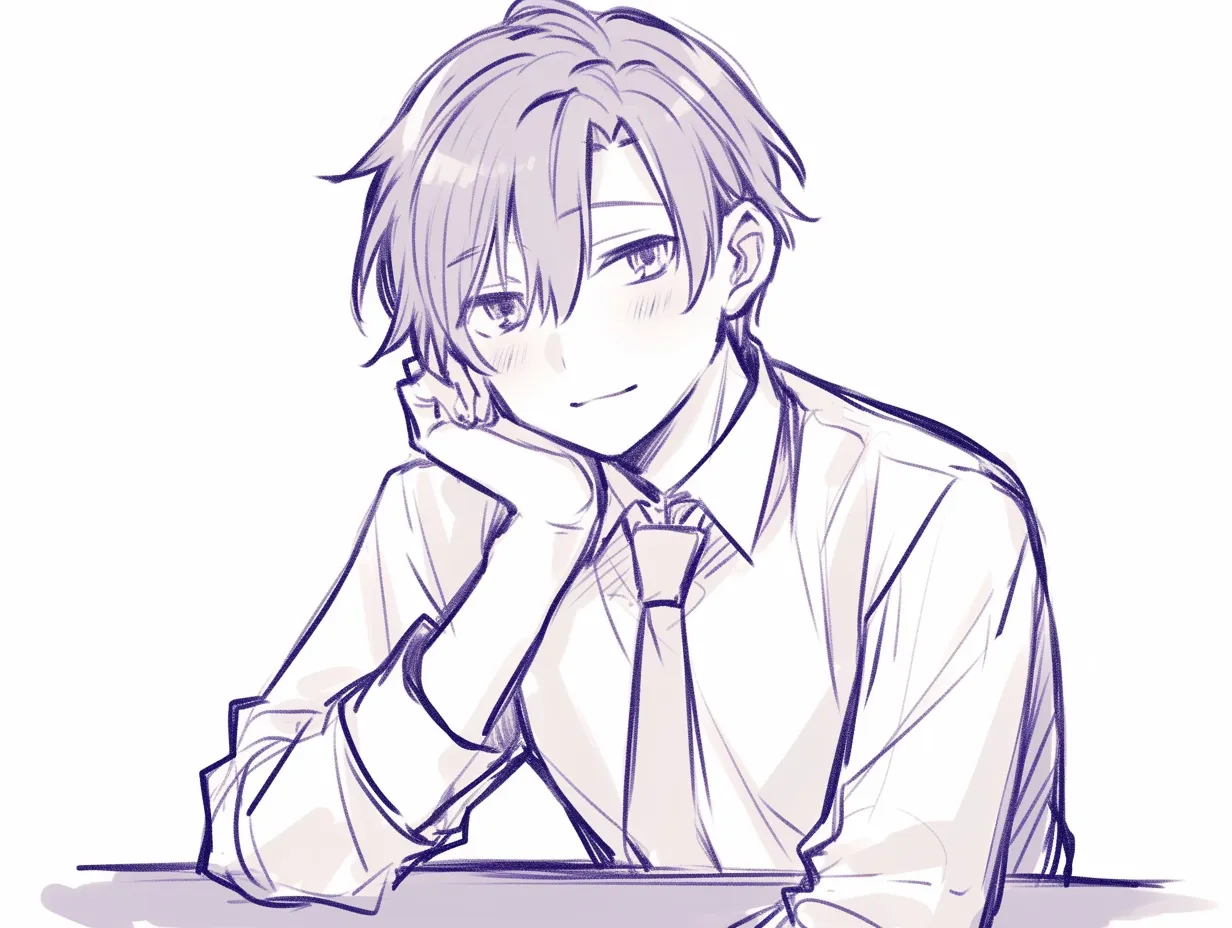 頬杖をつく男の微笑み｜【基本構造】机に肘をつき、片手で頬を軽く支える描き方です。体は正面を向け、肩のラインを安定させています。<br>【演出の方向性】目元を柔らかく細め、口角を上げることで、親しみやすい優しい笑みを演出しています。落ち着いた安心感があります。<br>