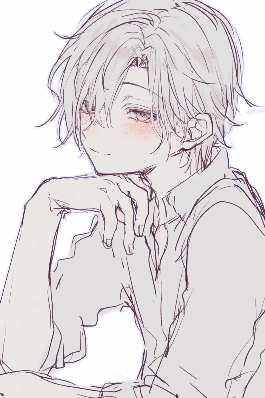 頬杖の斜め視線（少年・微笑み）｜【基本構造】緩やかに手を組み、指先を頬に添えるようにした描き方です。首をやや傾け、前髪が片目にかかりながらも口元はわずかに笑みを浮かべています。<br>【演出の方向性】頬の赤みと流し目気味の視線によって、からかい半分の余裕を感じさせます。斜めの構図が軽快さを加え、親しみと小悪魔的な印象を与えています。<br>