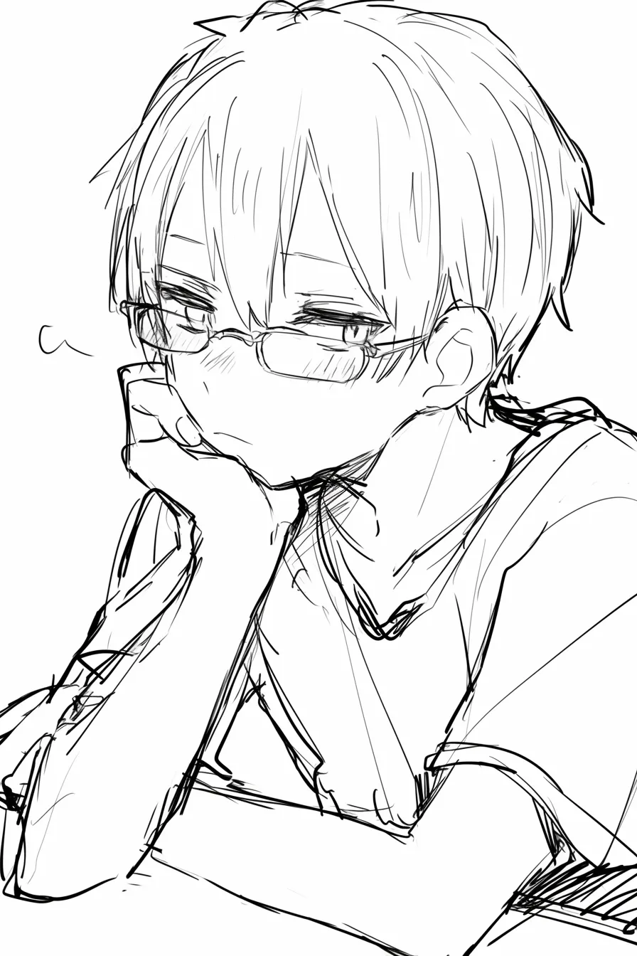 頬杖の斜め視線（眼鏡・不機嫌）｜【基本構造】肘を机につき、手で頬を押しつぶすように支える描き方です。眼鏡が正面を覆い、視線は斜め下に流れています。<br>【演出の方向性】口元が下がり、瞼も重たげに描かれているため、不満や退屈を表現しています。眼鏡の直線的なラインが冷たさを増し、面倒くさそうな印象が強まります。<br>