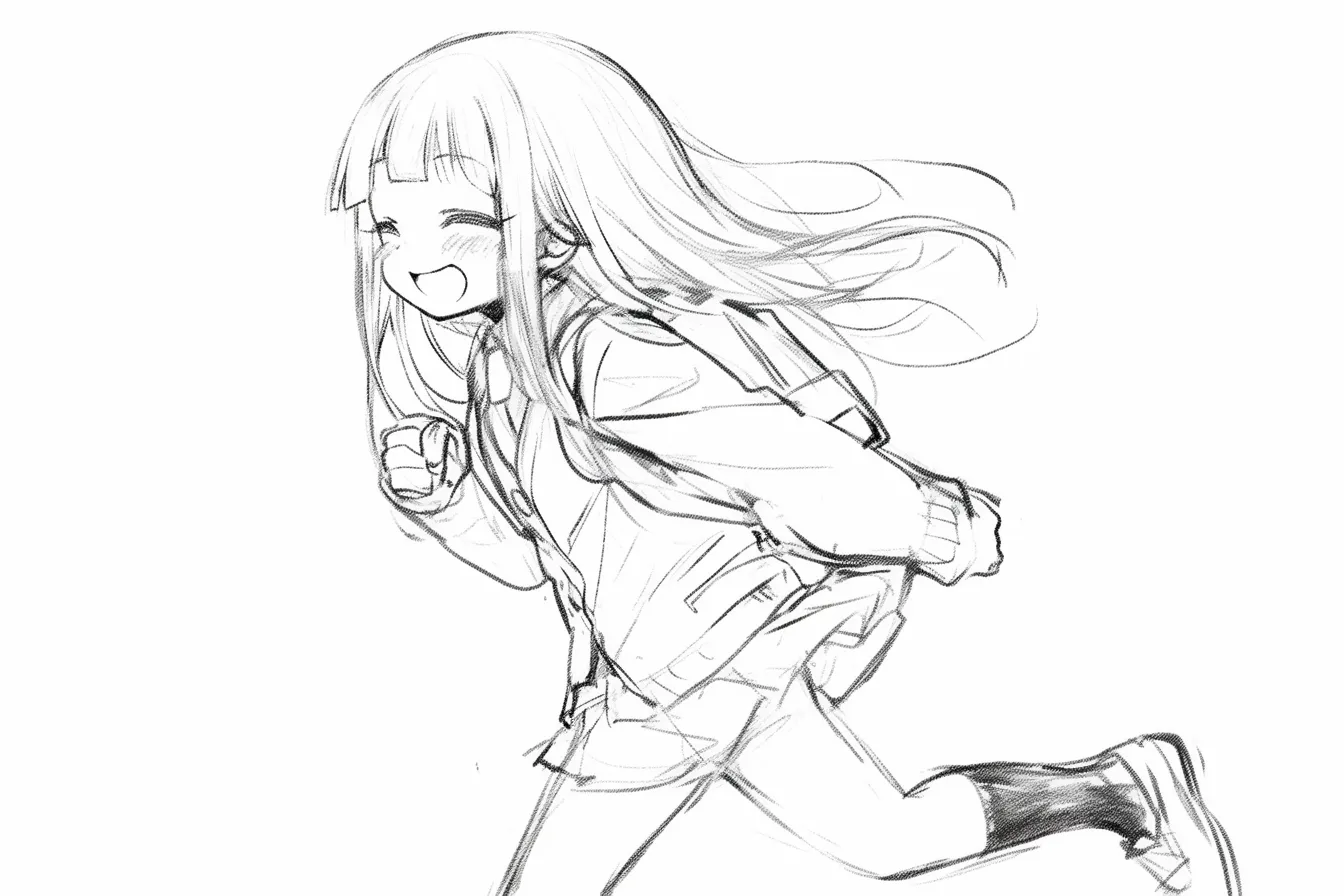 なびく髪の笑顔｜【基本構造】走りながら体をやや前傾させる描き方で、頬を緩ませた大きな笑顔を配置しています。<br>【演出の方向性】後ろへ流れる髪と頬の赤みが、走る楽しさや無邪気さを強調し、明るい印象を与えています。<br>
