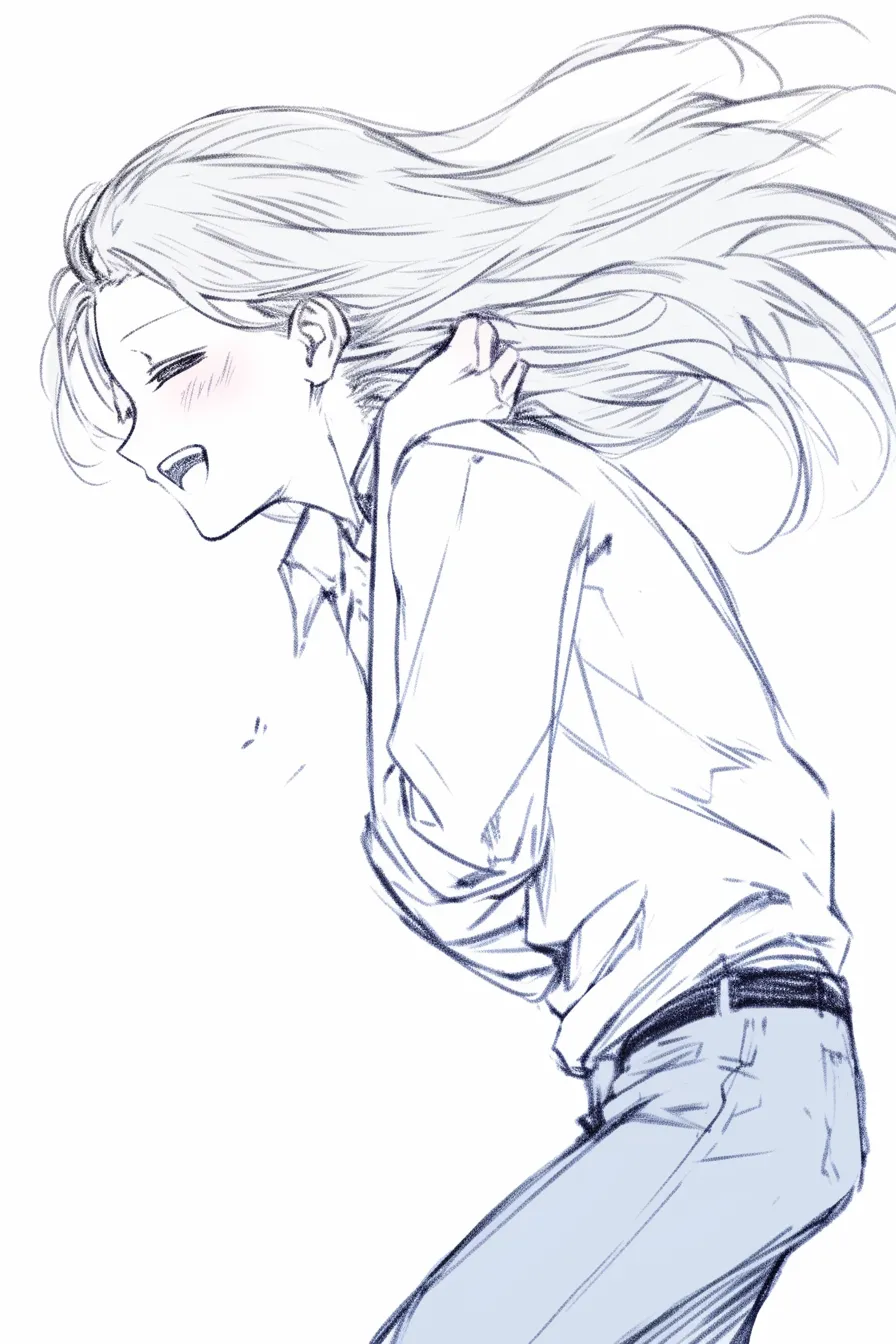 なびく髪の息切れ｜【基本構造】体を折り曲げ前傾させる描き方で、肩を上下させる動きを含ませています。<br>【演出の方向性】髪が乱れ、頬を赤らめ口を大きく開くことで息切れを表現し、走りの疲労感を際立たせています。<br>