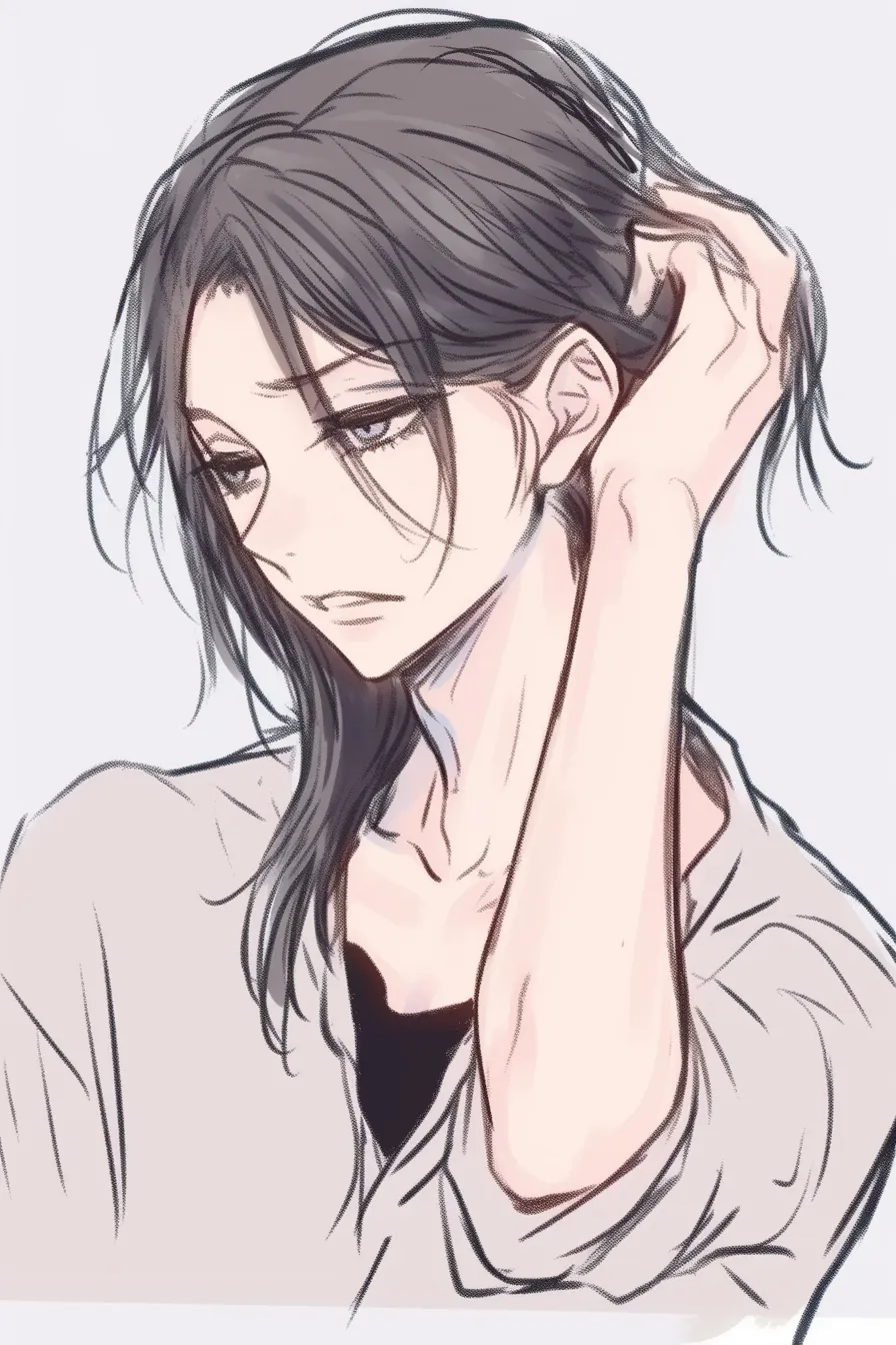 髪かきあげる仕草の倦怠｜【基本構造】片手を後頭部に回す描き方で、力の抜けた姿勢を描写しています。<br>【演出の方向性】半開きの瞳と無気力な表情が、髪をかきあげながらも虚無感や退屈さを漂わせています。<br>