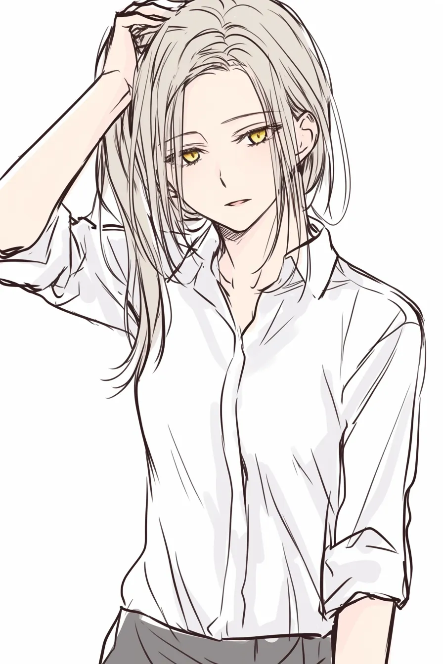 髪かきあげる仕草の余裕｜【基本構造】片手を頭頂に置き、髪を掻きあげる描き方で立ち姿をシンプルにまとめています。<br>【演出の方向性】黄金色の瞳とわずかな微笑みが、落ち着きと自信に満ちた余裕ある雰囲気を演出しています。<br>