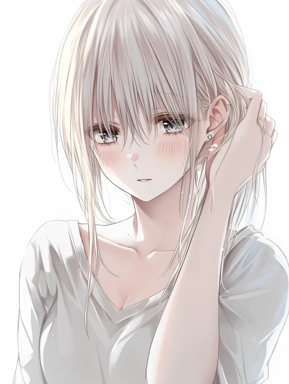 髪かきあげる仕草の恥じらい｜【基本構造】髪を耳元に押さえ込む描き方で、肩をすくめ気味に構えています。<br>【演出の方向性】赤みの差した頬と潤んだ瞳が恥ずかしさを表し、内向的で可憐な印象を与えています。<br>