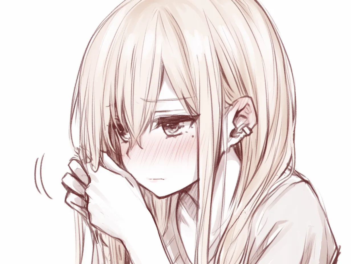 髪を結ぶ仕草の純真｜【基本構造】前髪を垂らしたまま両手で髪をまとめる描き方で、丸みのある顔立ちを活かしています。<br>【演出の方向性】赤らむ頬と素朴な服装が、無垢さや純粋さを前面に押し出し、守ってあげたい雰囲気を漂わせています。<br>