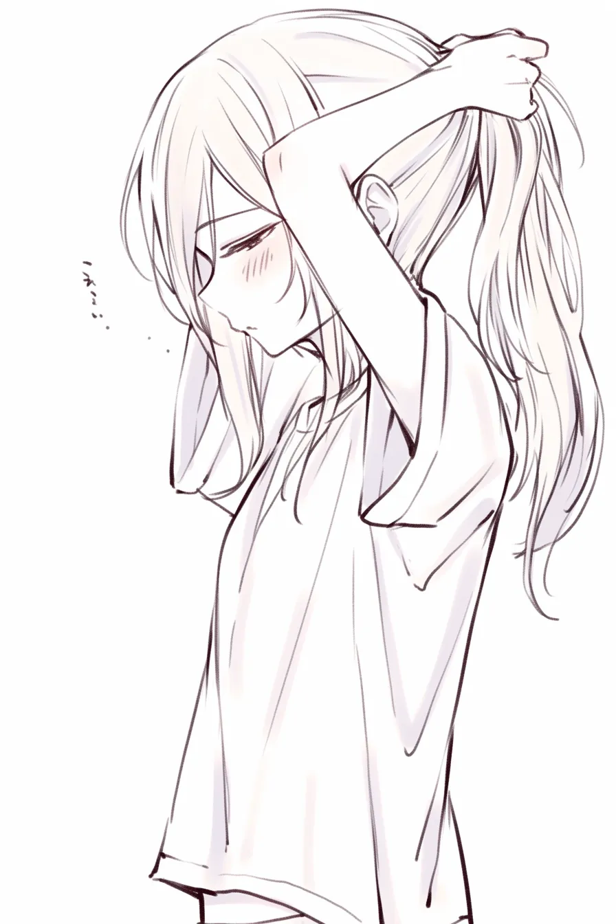 髪を結ぶ仕草の眠気｜【基本構造】大きなTシャツ姿で両手を頭上に上げる描き方を採用しています。<br>【演出の方向性】半閉じの瞼と「ネム…」の記号が眠気を強調し、日常の自然体な可愛らしさを加えています。<br>