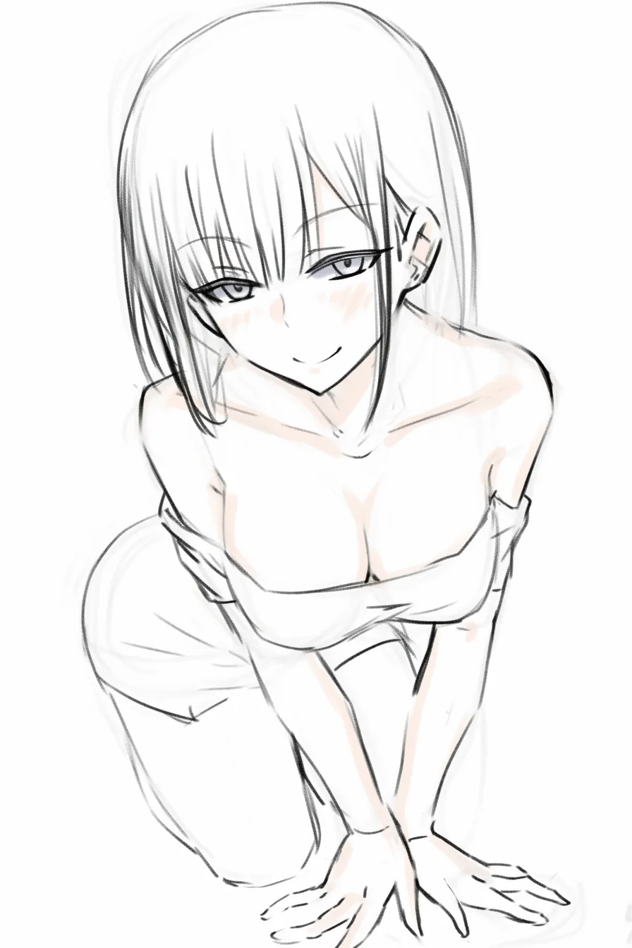 前かがみの明るい笑顔｜【基本構造】顔の前に髪がかかるようにしつつ、体を前傾させる描き方です。<br>【演出の方向性】大きく開いた口元と輝く目で、活発さやフレンドリーさを強調するポジティブな印象になっています。<br>