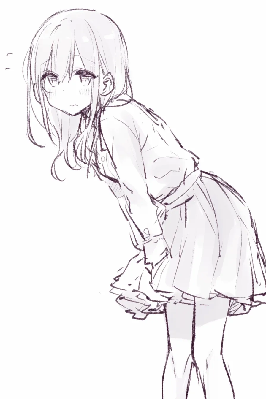 前かがみの嬉しげな仕草｜【基本構造】拳を胸元に引き寄せて構える前かがみの描き方で、上半身に動きが集まります。<br>【演出の方向性】大きく笑う表情と強調された頬の赤みで、弾けるような喜びと元気さを伝えています。<br>