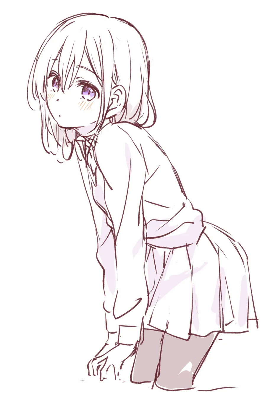 前かがみの微笑み｜【基本構造】椅子や台に手をかけ、軽く前傾した姿勢を描く構図です。<br>【演出の方向性】頬を染めて柔らかく笑う口元が、親しみやすく甘えを含んだ雰囲気を醸し出しています。<br>