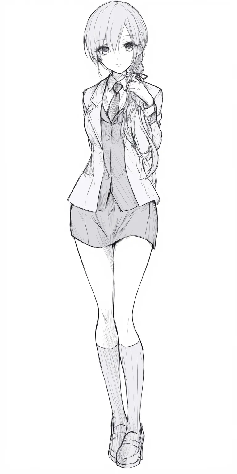 全身の制服スタイル（三つ編み）｜【基本構造】両腕を胸元付近に添え、やや内股で立つポーズ。髪型の縦ラインと服装の直線が全身の細身シルエットを際立たせています。<br>【演出の方向性】三つ編みの髪型が落ち着いた雰囲気を強調し、真剣な表情と相まって清楚で知的な印象を与えます。繊細さの中に芯の強さを感じさせます。<br>