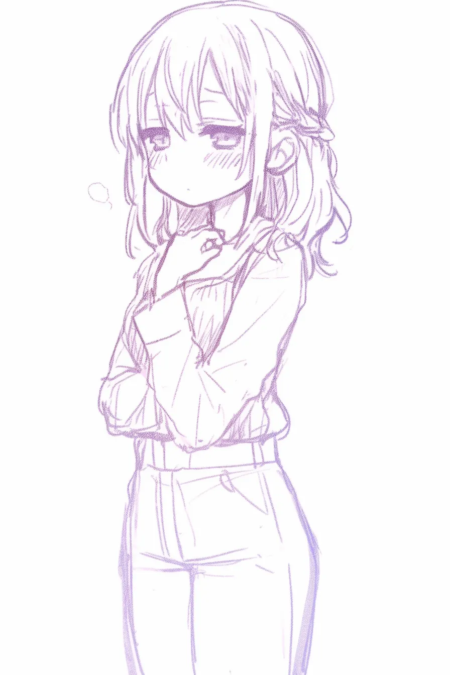 胸に手を当てる憂い｜【基本構造】腕を組みながら指先を胸元に触れさせる描き方です。<br>【演出の方向性】伏し目がちの表情と吐息の記号が、考え込むような沈んだ感情を伝えています。<br>