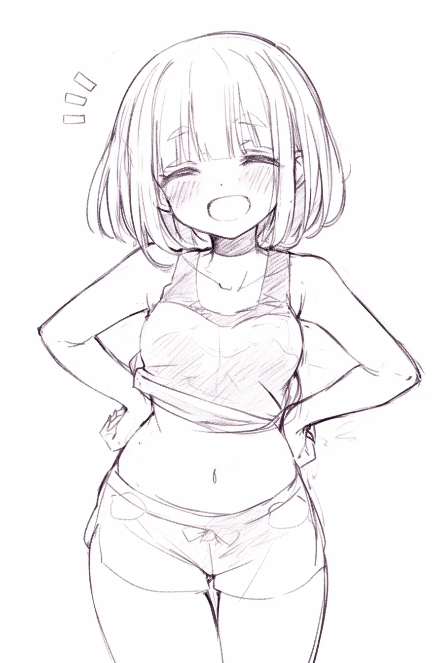腰に手を当てる大笑い｜【基本構造】腰に両手を押し当て、上半身を反らす描き方です。<br>【演出の方向性】大口を開けた笑顔と赤らんだ頬が、豪快な楽しさや無邪気さを表現しています。<br>