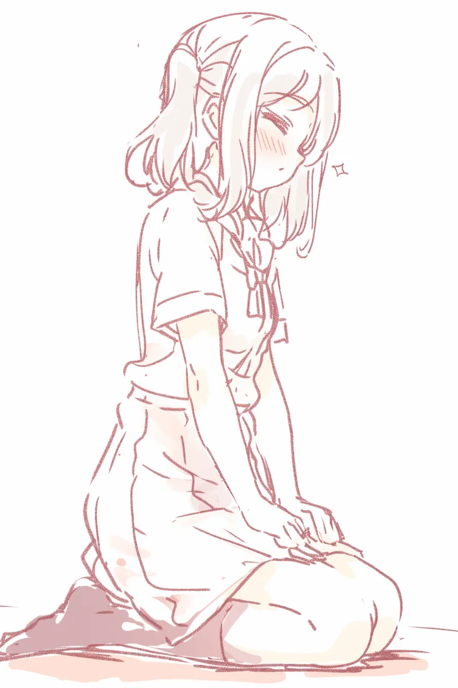 座る女の子の恥じらい｜【基本構造】正座の描き方で背筋を丸め、両手を膝の上に添えています。視線は伏し目で、頬の輪郭に赤みを強調しています。<br>【演出の方向性】閉じた瞳と深い赤みが、恥じらいや奥ゆかしさを演出し、静かな緊張感を漂わせています。<br>