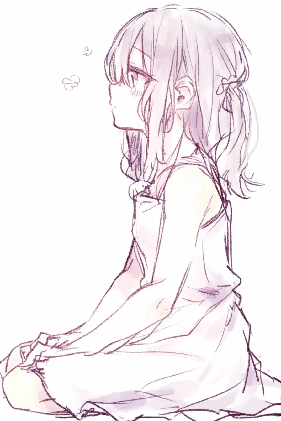 座る女の子の無垢｜【基本構造】横座りの描き方で、両手を前に添え、背筋を伸ばしています。顔の輪郭は丸く、横顔のラインをすっきり整理しています。<br>【演出の方向性】膨らませた頬と吐息の記号表現が、純粋さや子どもらしい無垢さを強調しています。<br>