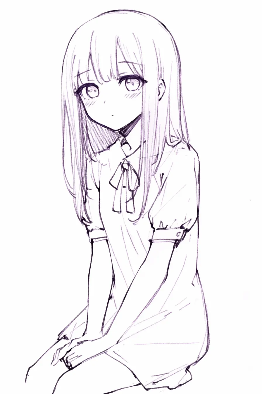 座る女の子の静けさ｜【基本構造】膝をそろえて腰掛ける描き方で、背筋をまっすぐに保ち、両手を腿の上に置いています。輪郭は端正に描かれ、視線は正面へ。<br>【演出の方向性】大きな瞳と落ち着いた口元が、穏やかで真面目な印象を与え、静謐な存在感を漂わせています。<br>