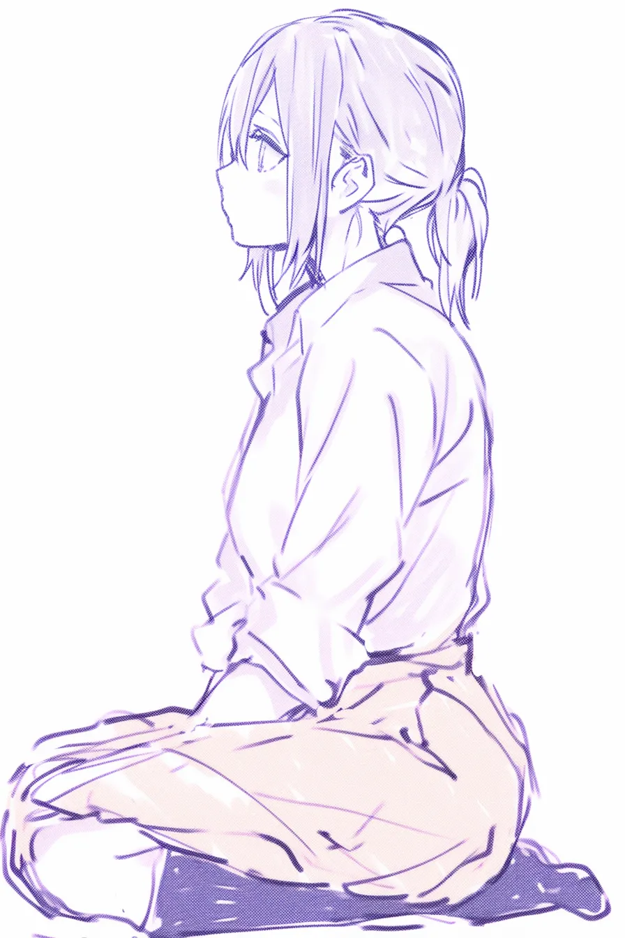 座る女の子の素直さ｜【基本構造】正座の描き方で、体をやや前傾させ、両手を膝上に揃えています。横顔を強調し、輪郭を柔らかく整えています。<br>【演出の方向性】見上げる大きな瞳が素直さを印象づけ、控えめながらも純粋さを感じさせる雰囲気になっています。<br>