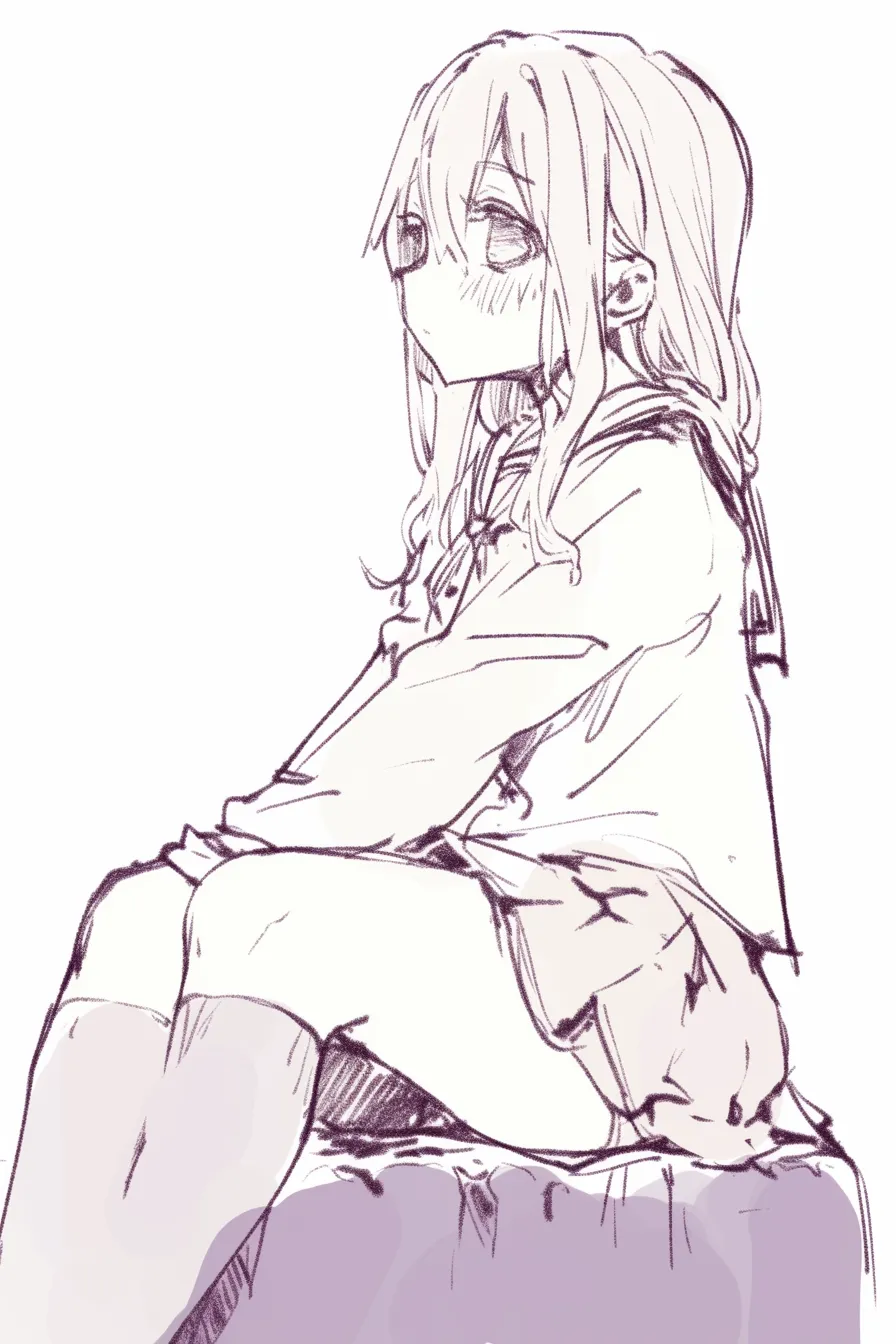 座る女の子の疲労感｜【基本構造】椅子に腰を掛け、脚を抱えるようにした描き方で丸まったシルエットを作っています。骨格は緩やかに崩れています。<br>【演出の方向性】半開きの瞳と頬の赤みが、倦怠や疲労感を示し、弱さの中に愛らしさを添えています。<br>