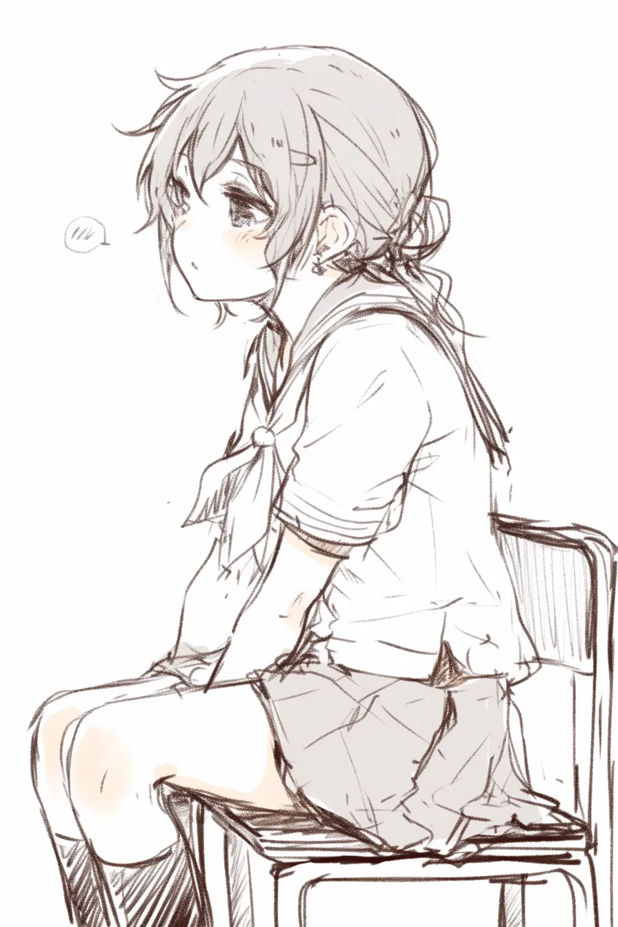 座る女の子の無気力｜【基本構造】椅子に浅く座り、両手を前に垂らす描き方で骨格の力を抜いています。背中は丸く、髪も乱れ気味に配置されています。<br>【演出の方向性】小さな吐息の記号と半端な姿勢が、気怠さや無気力さを表し、無防備な魅力を強調しています。<br>