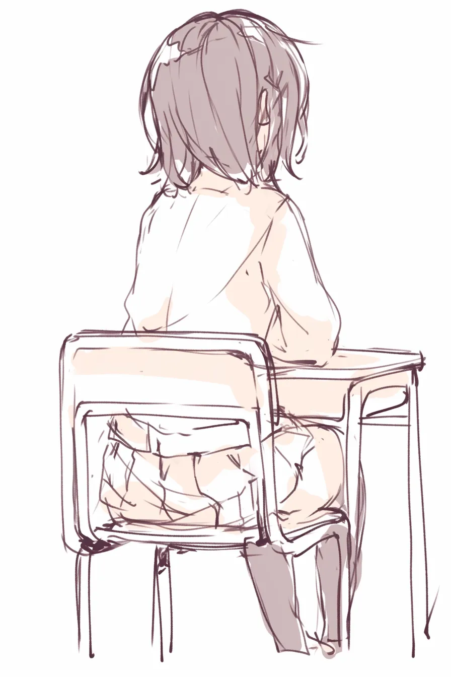 座る女の子の後ろ姿｜【基本構造】机に向かって座る描き方で、背中と椅子の直線的な構図が強調されています。髪型や制服のシルエットで女の子らしさを出しています。<br>【演出の方向性】背を向けた構図により、内向的で静かな印象を与え、観る側に余韻を残す表現です。<br>