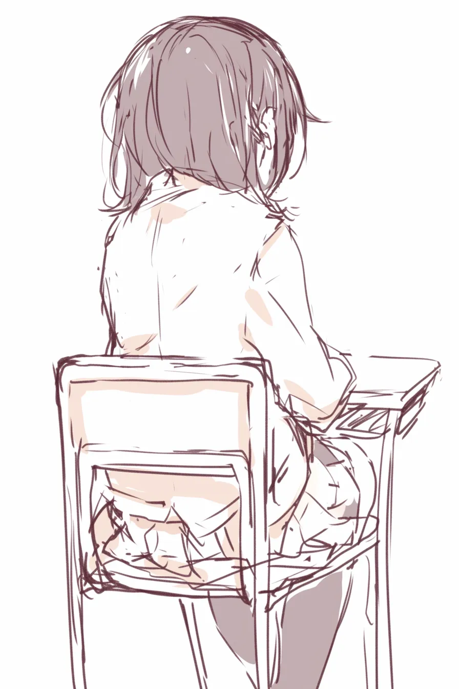 座る女の子の後ろ姿と集中｜【基本構造】机に向かう描き方で、背筋をやや前傾させ、両腕を机に置いています。髪が背中を覆い、後ろ姿のシルエットを形作っています。<br>【演出の方向性】描かれない表情が想像を誘い、集中や思索の印象を強めています。<br>