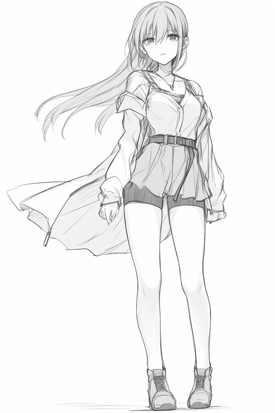 斜めの風になびく少女｜【基本構造】前に一歩踏み出すような姿勢で、ロングコートと髪が後方へ流れています。脚はまっすぐで重心は安定し、腰回りのラインが柔らかく描かれています。<br>【演出の方向性】風による動きが静かなシーンにダイナミズムを加え、表情の物憂げさと重なってドラマ性を強調しています。<br>