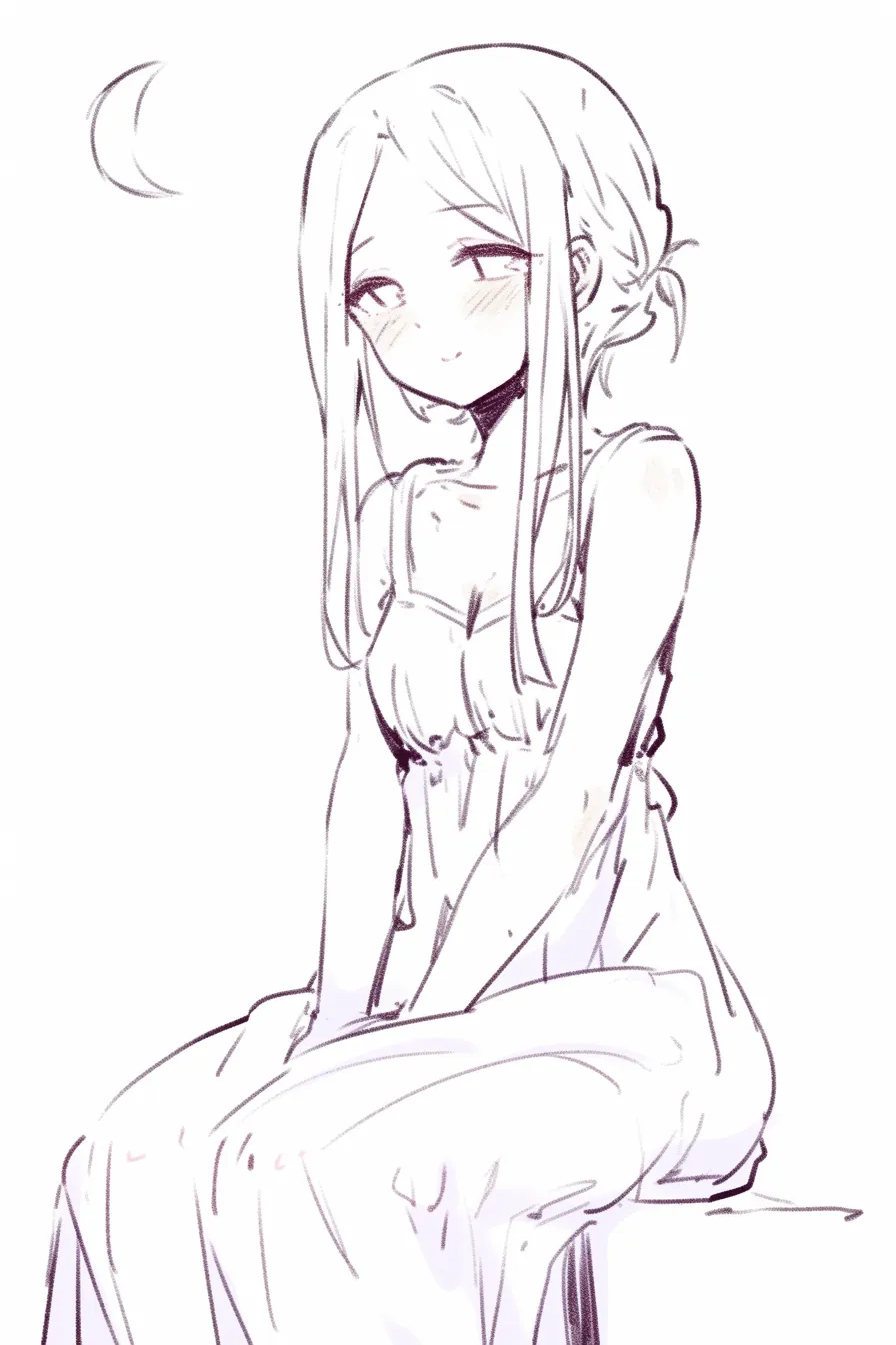 座るドレスの月夜｜【基本構造】椅子に腰掛け、両手を重ねた描き方で、ドレスの落ち感を下方に流すように整理しています。<br>【演出の方向性】月を背景に加えることで静謐な情景を作り、穏やかな笑みが幻想的で夜を思わせるムードを演出します。<br>