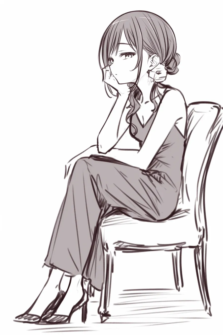 座るドレスの退屈｜【基本構造】椅子に深く腰掛け、片腕で頬杖をつく描き方で、ドレスの重みを腰周りに寄せています。<br>【演出の方向性】冷めた視線と無表情気味な口元が倦怠感を漂わせ、大人びた余裕を表現しています。<br>