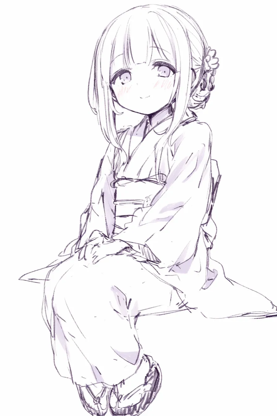 着物で座る愛らしさ｜【基本構造】椅子に浅く腰掛け、裾を揃えた描き方で、前髪をまっすぐ下ろし、丸みのある輪郭を強調しています。<br>【演出の方向性】赤らんだ頬と満面の笑みが子どもらしい純粋さを示し、着物の可愛らしさを際立たせています。<br>