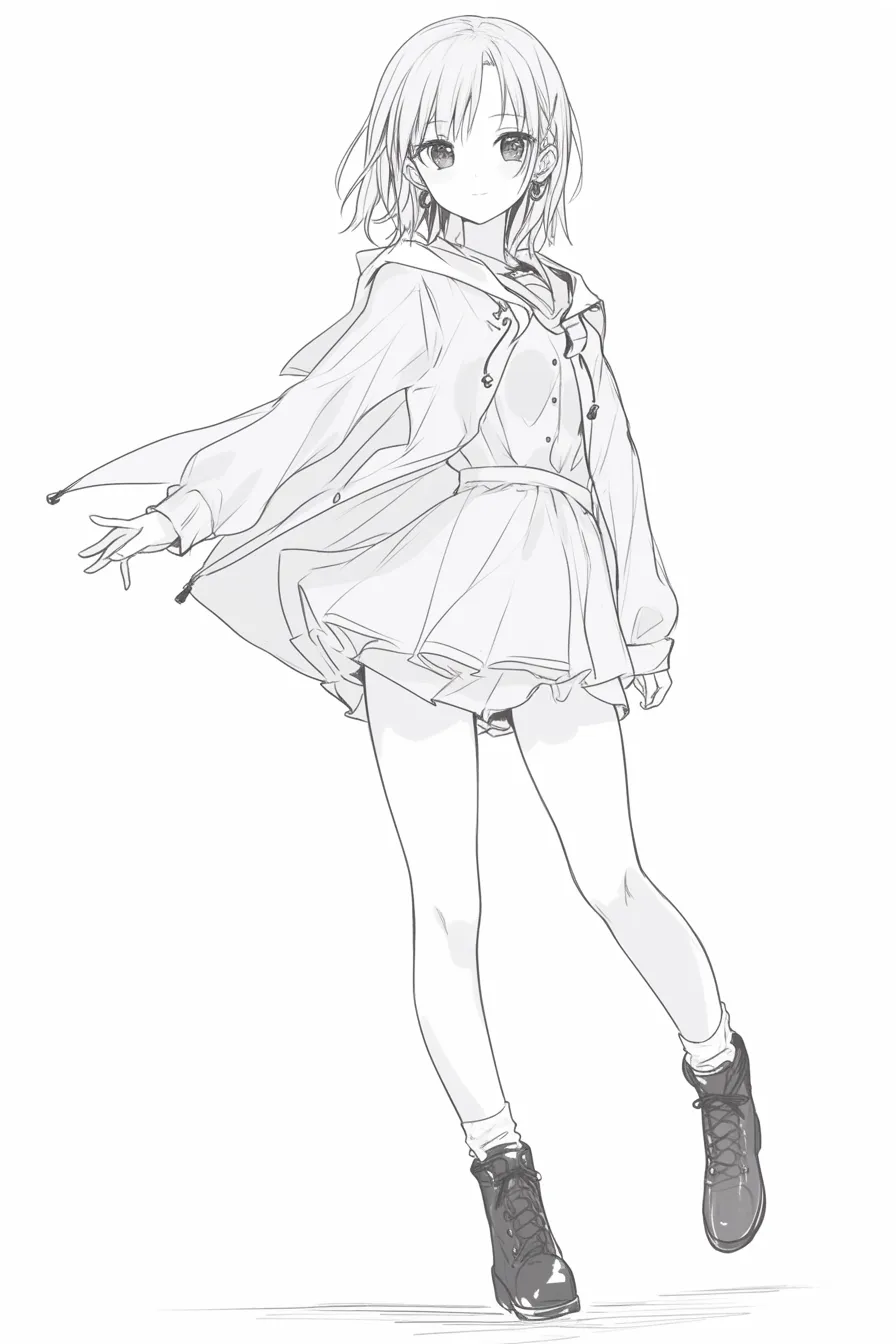 斜めの微笑む少女｜【基本構造】片腕を軽く広げ、足元を浮かせてバランスを取る立ち方で全体が斜めに傾いています。フード付きの衣装がふわりと広がり、流れる動きを演出しています。<br>【演出の方向性】柔らかな笑みと軽快な服装が親しみを強め、動きのある姿勢と調和して明るい印象を与えています。<br>