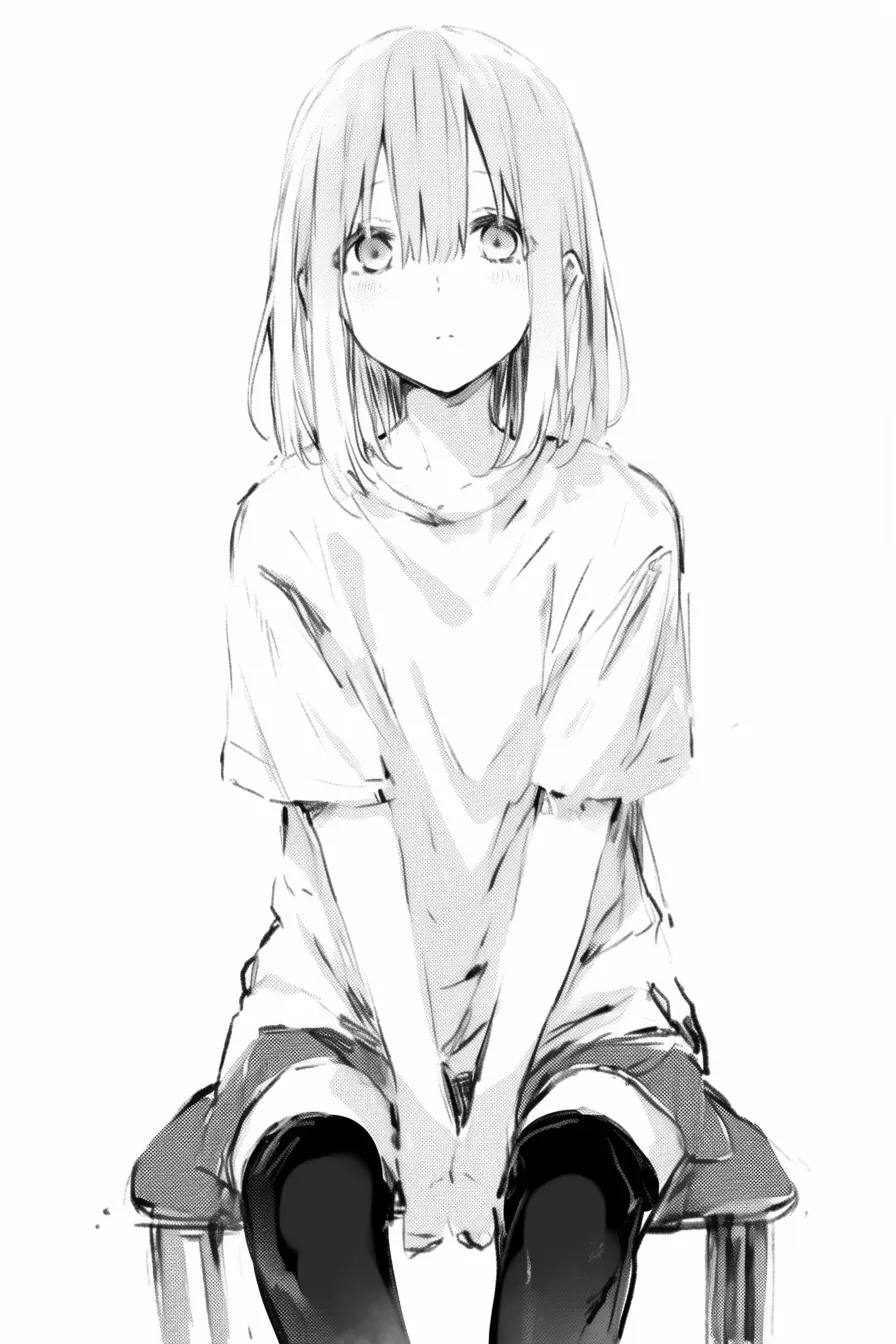 座る正面の少女モノクロ｜【基本構造】正面で膝を揃え、手を前に重ねる描き方。顔の輪郭は直線的で、前髪が目元にかかり静的な印象を持たせています。<br>【演出の方向性】モノクロ調により沈黙感を強調し、影のコントラストが内向的で幻想的な雰囲気を生み出しています。<br>