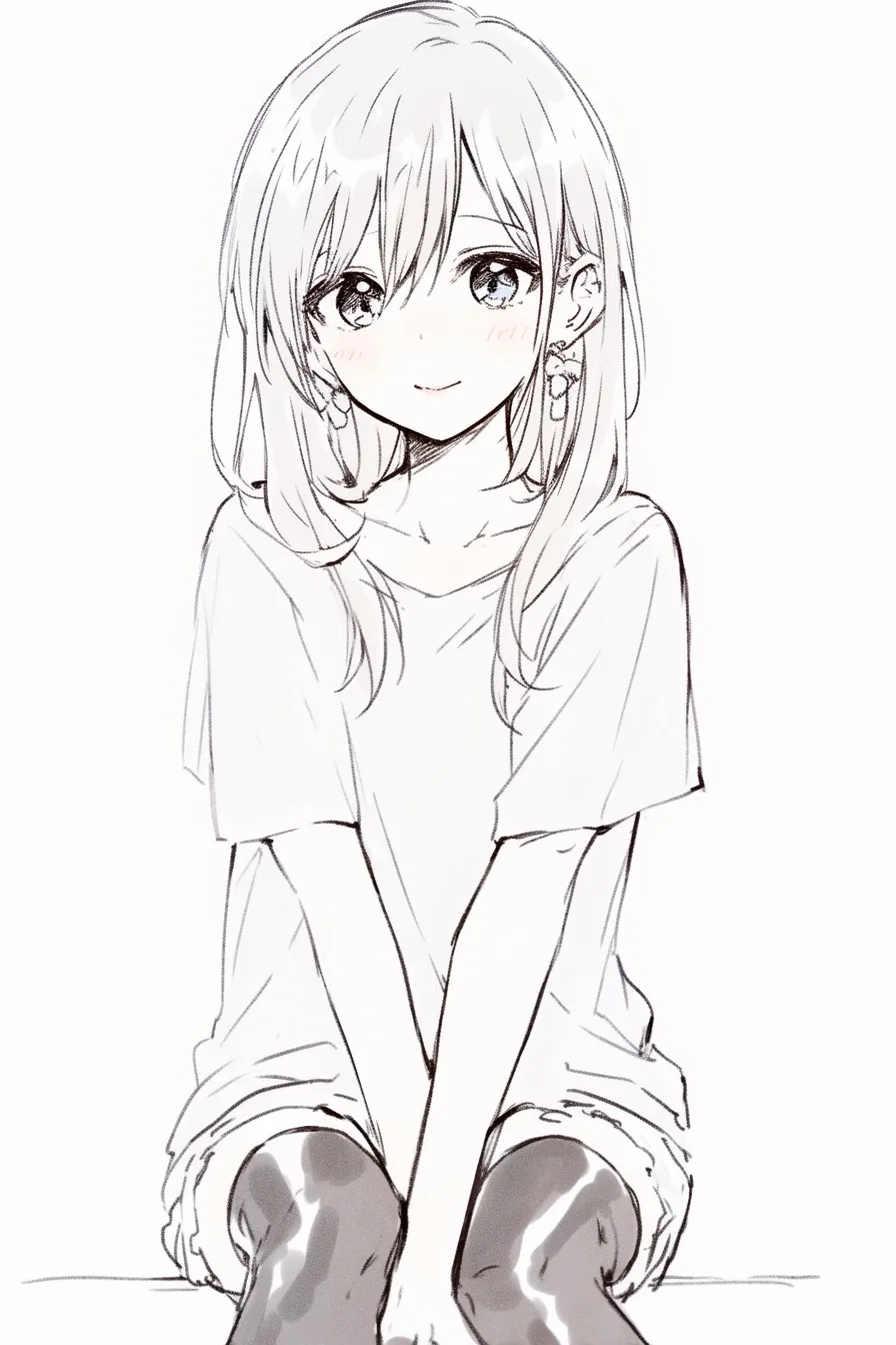 座る正面の笑顔少女｜【基本構造】正面に膝を寄せ、手を揃えて前に置く描き方。髪は長めで顔周りに流し、首元から肩にかけて滑らかなラインを描いています。<br>【演出の方向性】柔らかい笑顔と耳飾りが華やかさを加え、シンプルな服装との対比で親しみやすく魅力的な印象を与えます。<br>