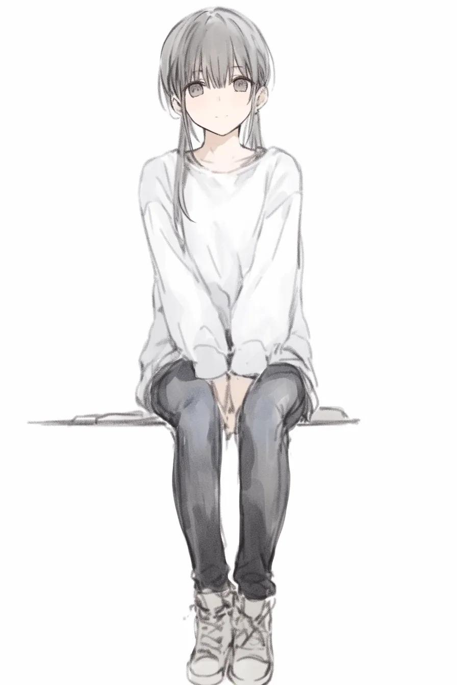 座る正面のシンプル少女｜【基本構造】長い袖に包まれた手を前に揃え、正面にまっすぐ腰掛ける描き方。細身の骨格と視線の安定感が特徴です。<br>【演出の方向性】白系の服装と落ち着いた瞳で穏やかな気配を作り、余計な装飾を排することで清らかさと透明感が引き立ちます。<br>
