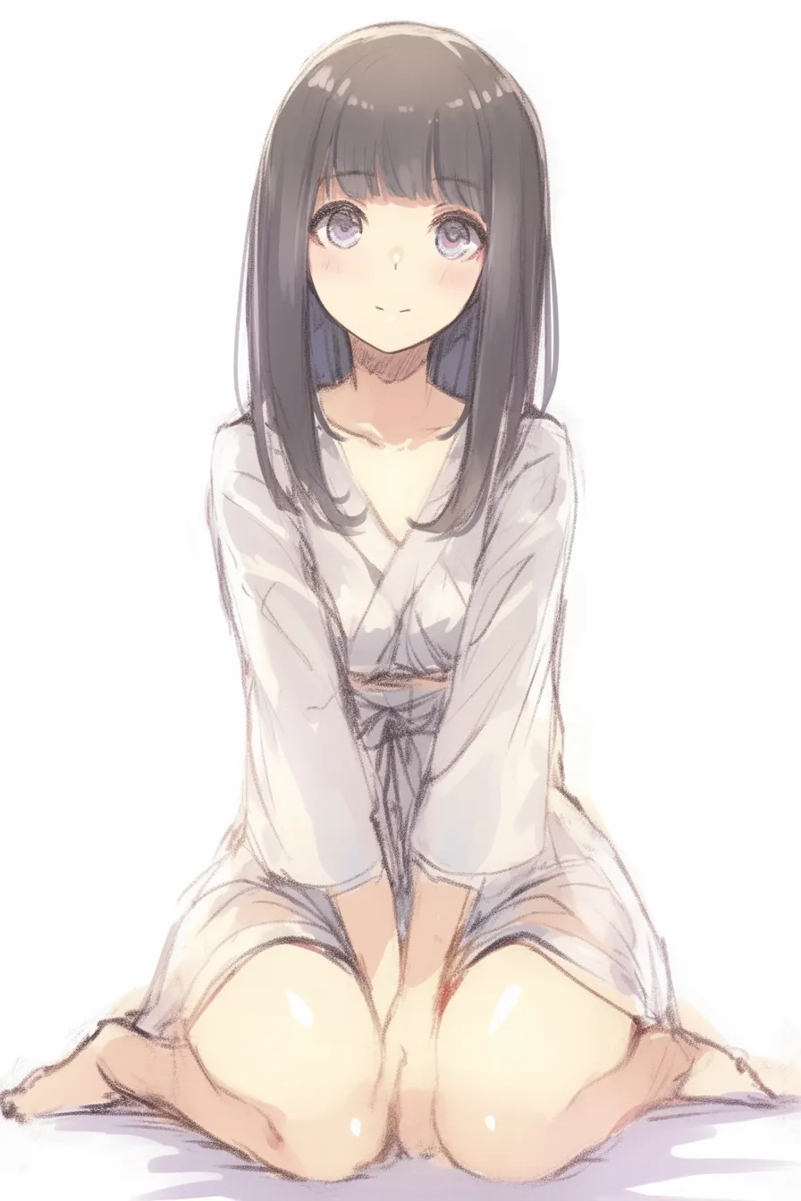 座る正面の和装風少女｜【基本構造】正面から正座し、膝を閉じて腰を落とす描き方。肩幅を抑えた輪郭と長めの髪が女性らしい線を強調しています。<br>【演出の方向性】柔らかな光沢と淡い色彩で清楚さを演出し、静かな視線が落ち着きと奥ゆかしさを漂わせます。<br>