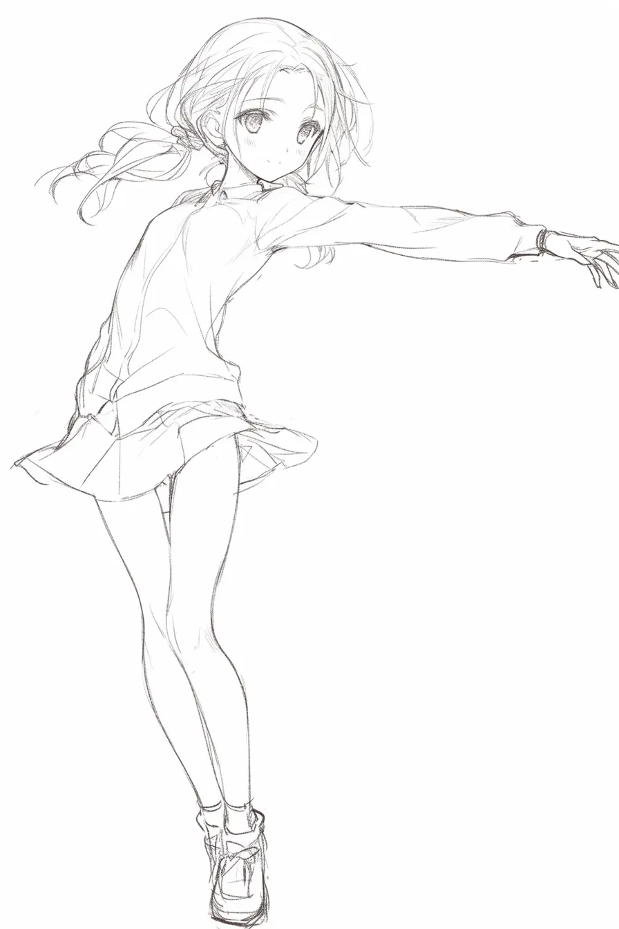 斜めの振り返る少女｜【基本構造】上半身を後ろにひねり、腕を伸ばしたポーズでスカートと髪が斜めに流れています。片足を軽く曲げることでバランスをとっています。<br>【演出の方向性】振り返りながらの笑顔が親しみを生み、軽やかな動きが解放感を与えています。風を受ける髪の揺れが爽快さを添えています。<br>