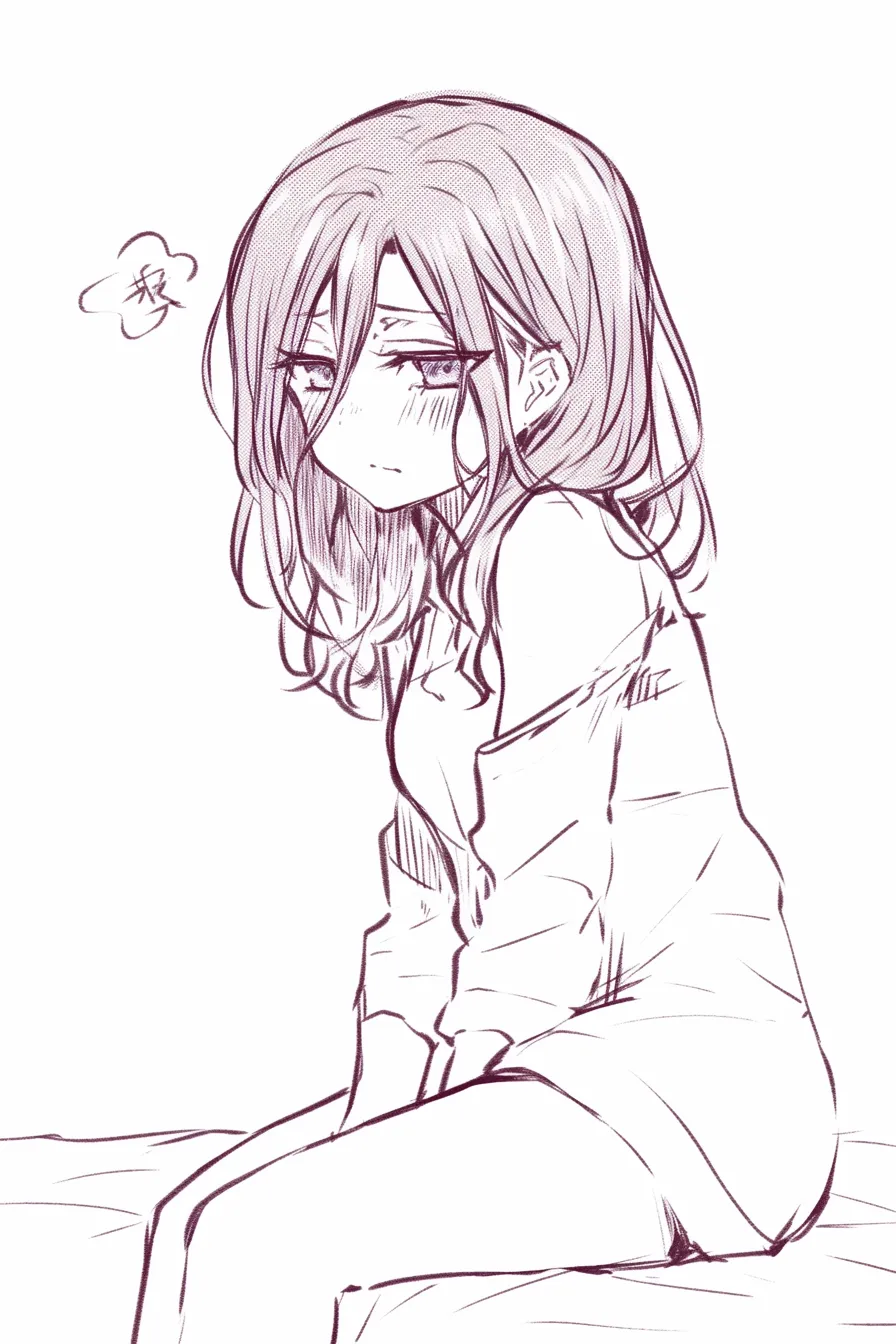 ベッドに座る憂い｜【基本構造】背を丸めて腰掛け、片手を膝に添えて少し前屈しています。<br>【演出の方向性】伏し目とため息を示す記号が哀愁を漂わせ、感情の沈みを強調しています。<br>