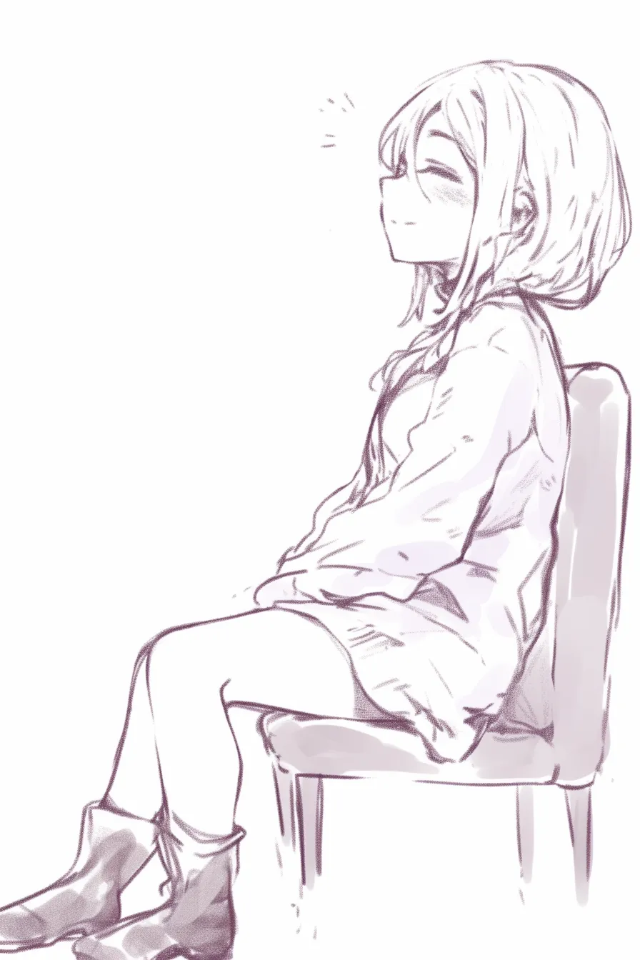 ベンチに座る少女（笑み）｜【基本構造】椅子に腰掛け背筋を伸ばし、両手を膝に重ねる姿勢。顔を上げて笑みを浮かべ、視線は遠くへ向かいます。<br>【演出の方向性】閉じた目と口角の上がりが解放感を示し、柔らかな影が心地よい安堵を感じさせる幸福的な表現です。<br>