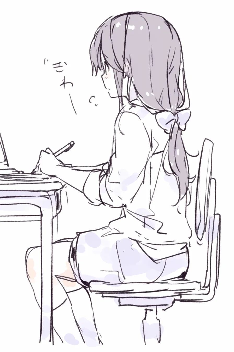 机に座る少女（作業中）｜【基本構造】椅子に座り机へ向かい、背筋をやや前に倒してペンを握る姿。髪を結んだ後ろ姿が印象的です。<br>【演出の方向性】集中する横顔と手元の動きが勤勉さを示し、髪飾りのリボンが柔らかさを添えて緊張を和らげます。<br>