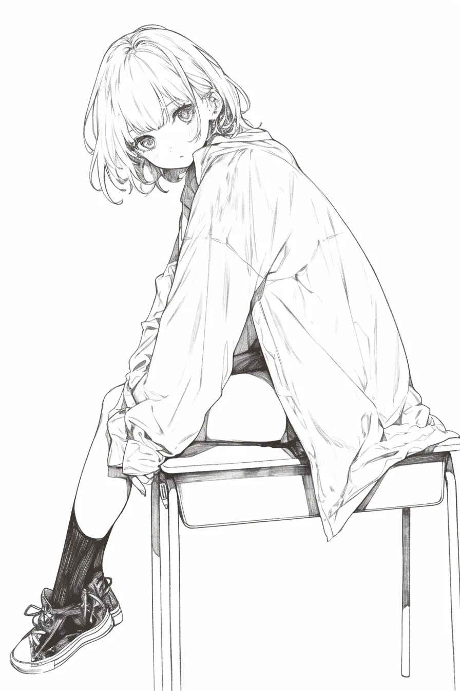 机に座る少女（振り返り）｜【基本構造】机に腰掛け横向きで振り返る姿勢。大きなシャツと細い脚が対比的に配置されています。<br>【演出の方向性】見返すような目線が観る者を引き込み、ゆったりとした服が無防備さや親近感を演出します。<br>