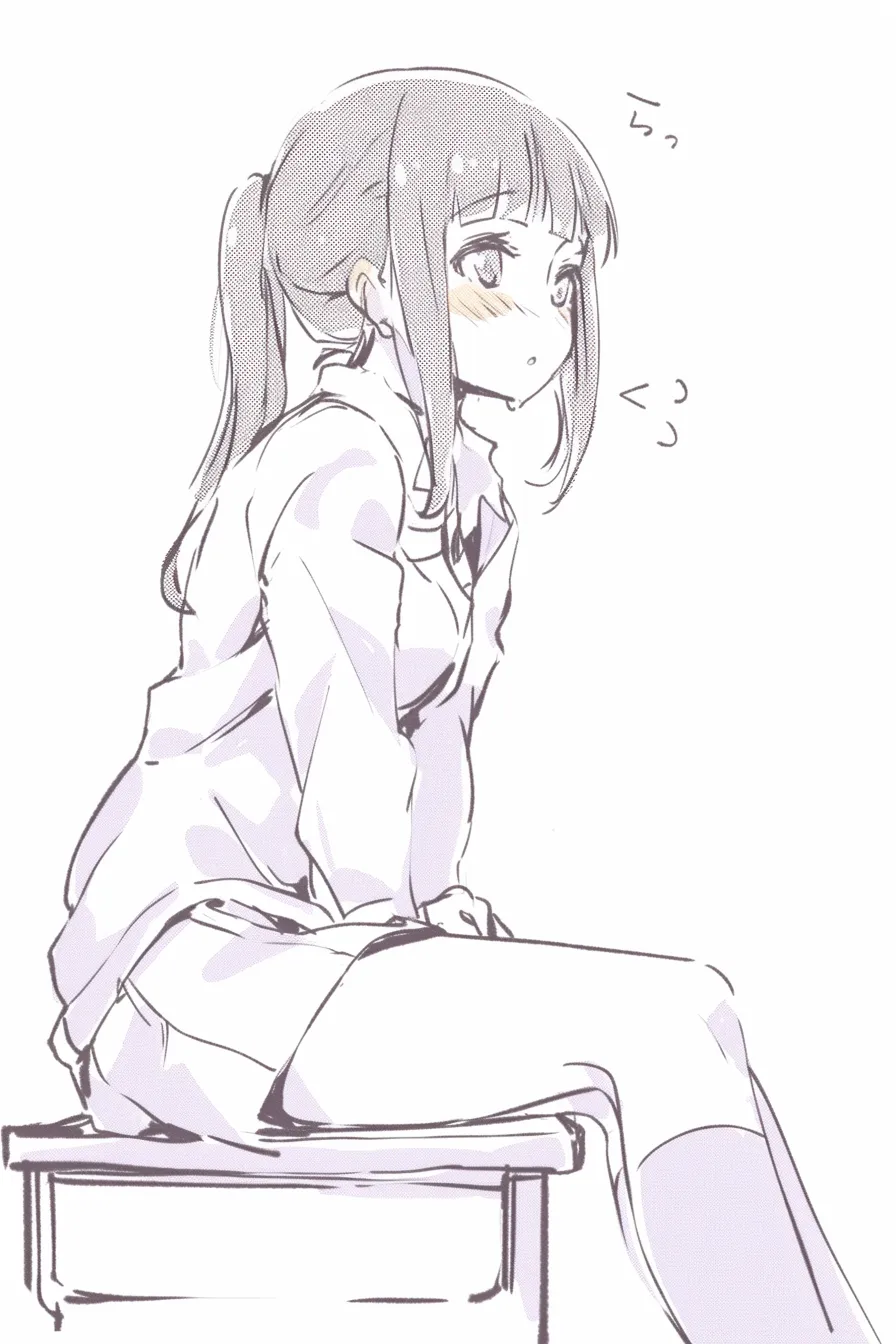 机に座る少女（横顔）｜【基本構造】机の端に腰をかけ、正面を見つめる横顔。背筋を伸ばし、腕で軽く支える姿勢が安定感を生みます。<br>【演出の方向性】頬の赤みと真っ直ぐな瞳が、驚きや関心を生き生きと表現し、シンプルな構図が印象を際立たせます。<br>