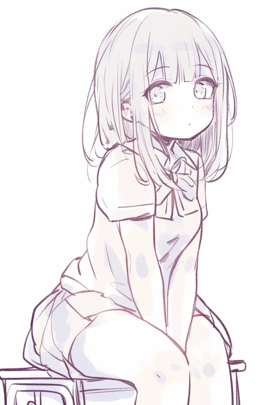 机に座る少女（正面）｜【基本構造】机に浅く腰掛け正面を向く体勢。膝を寄せ、両手を添えた姿が小さくまとまります。<br>【演出の方向性】丸い瞳と頬の赤みが幼さや純粋さを強調し、柔らかな発色が無垢で素直な印象を強めています。<br>