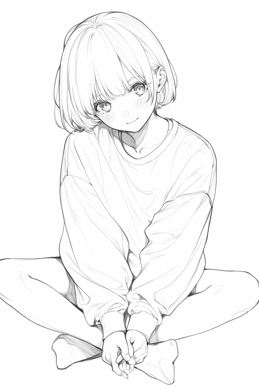 あぐらの少女（微笑）｜【基本構造】膝を開いて座り、手を軽く前に置くことで体幹の安定感を示しています。顔はわずかに傾けて正面を捉えています。<br>【演出の方向性】頬の赤みと柔らかな微笑みが安心感を生み、カジュアルな服装が無邪気さや親しみを引き立てています。<br>